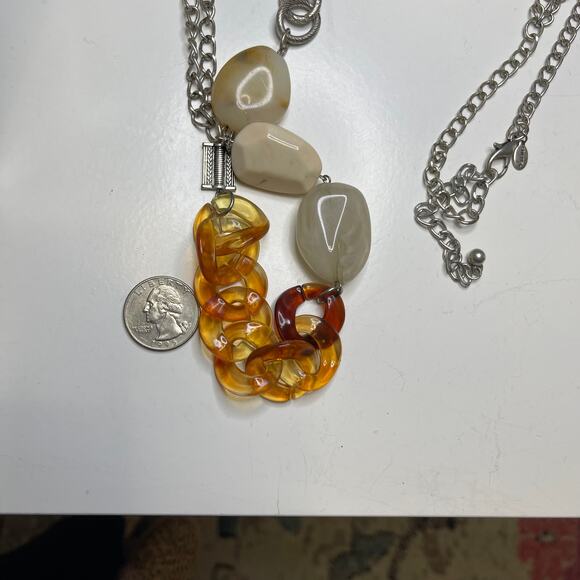 Chico's silver tone beaded necklace signed costume jewelry yellow red resin - Picture 6 of 11